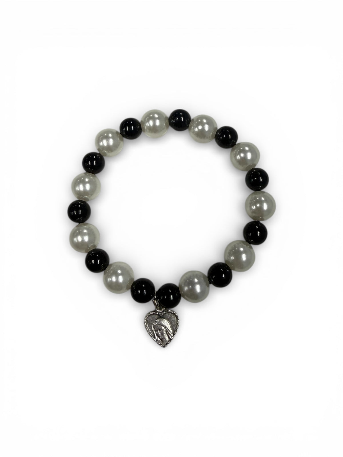 Black & Pearl-Style Catholic Bracelet with Heart-Shaped Virgin Mary Medal